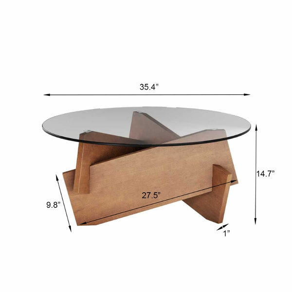 English Elm Modern Round Glass Top Coffee Table with Sculptural Wood Veneer Base for Living Room W2263P434052