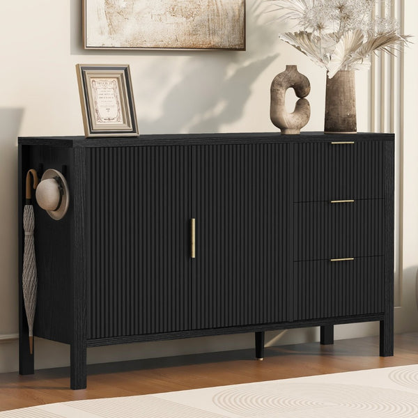 English Elm U-Style Modern Wave-Pattern Sideboard With 3 Drawers & Hooks - Stylish Storage For Any Room N711P345172B-GIGA
