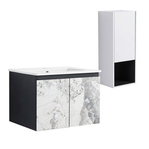 English Elm 24" Wall-Mounted Bathroom Vanity Set With Soft Close Doors, Ceramic Sink, And Side Cabinet Storage W999S00330