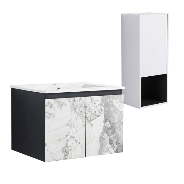 English Elm 24" Wall-Mounted Bathroom Vanity Set With Soft Close Doors, Ceramic Sink, And Side Cabinet Storage W999S00330