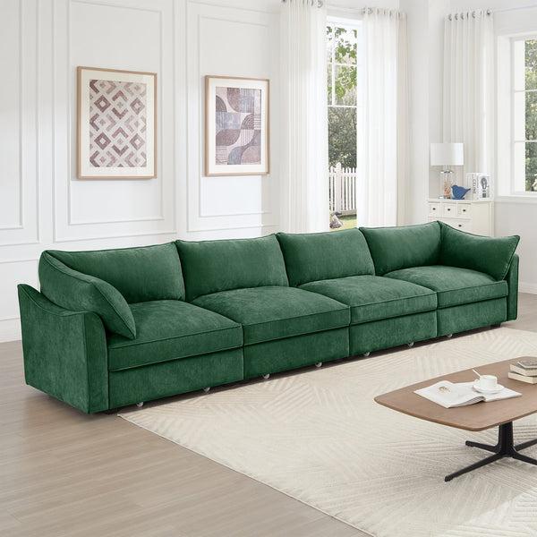 English Elm Super Super Large Wide Deep Seat Sofa Couch for 4 Persons with Hidden Under-Seat Storage Drawers and Chenille Green W3041S00189
