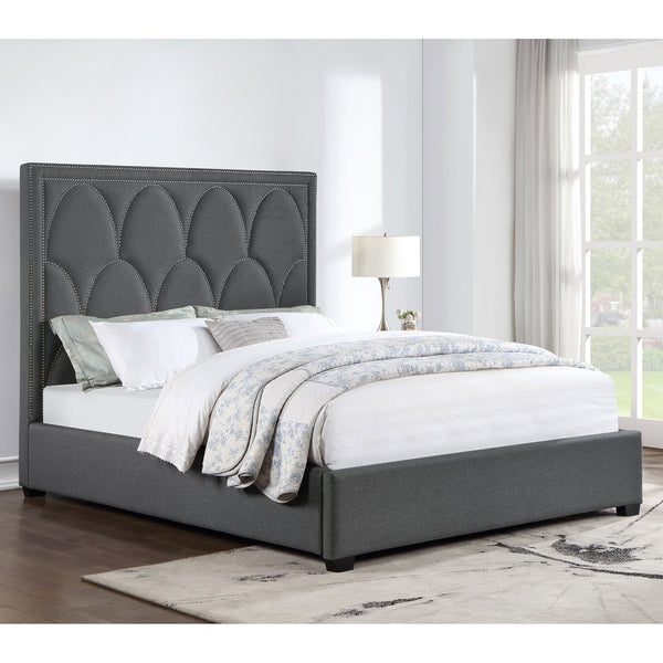 English Elm Maille Charcoal Upholstered Queen Panel Bed With Scalloped Headboard & Stylish Nailhead Trim B062S01010