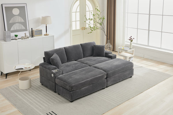 English Elm Corduroy Upholstered Chaise Lounge Sofa with Movable Ottoman, Cup Holder, Deep Seat Comfort Grey W2120S00007