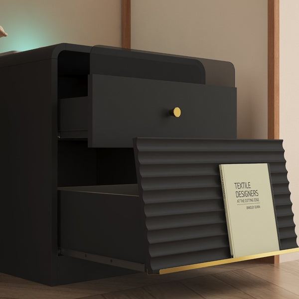 English Elm Nightstand Smart Bedside Cabinet with Led Strip Charging Station and Voice Night Light Black W1321P413943
