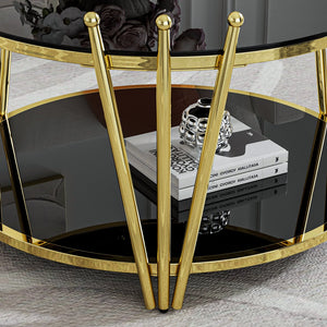 English Elm 31.5inch Modern Luxury Gold Coffee Table with Two-Tier Storage, Tempered Glass Top, Elegant Crown Design Black W1550P171454