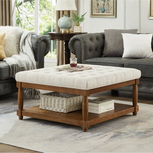 English Elm Large Square Tufted Ottoman with Wood Shelf Upholstered Footrest for Living Room Ivory W2186P204183