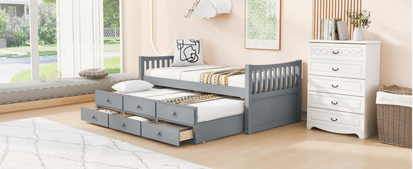 English Elm Daybed Twin Frame with Pull Out Trundle and Three Storage Drawers for Kids Rooms Gray LP100241AAE