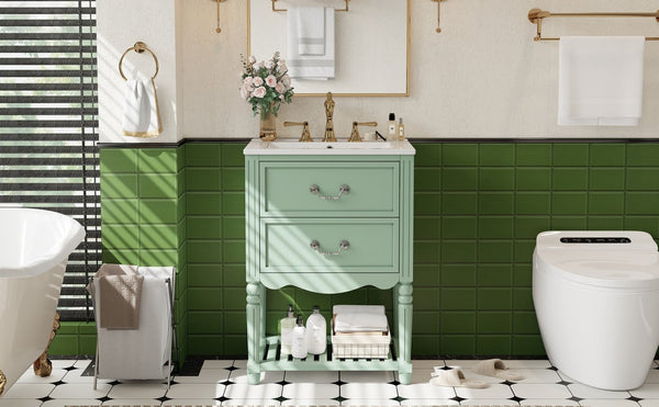 English Elm 24'' Vintage Bathroom Vanity with Ceramic Sink Soft Close Drawers Open Shelf Green N710P411237F