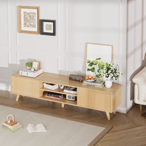 English Elm Fluted Wave Door Oak Finish Tv Stand with Open Shelving for Modern Living Rooms T3773P416488