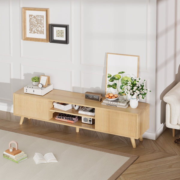 English Elm Fluted Wave Door Oak Finish Tv Stand with Open Shelving for Modern Living Rooms T3773P416488