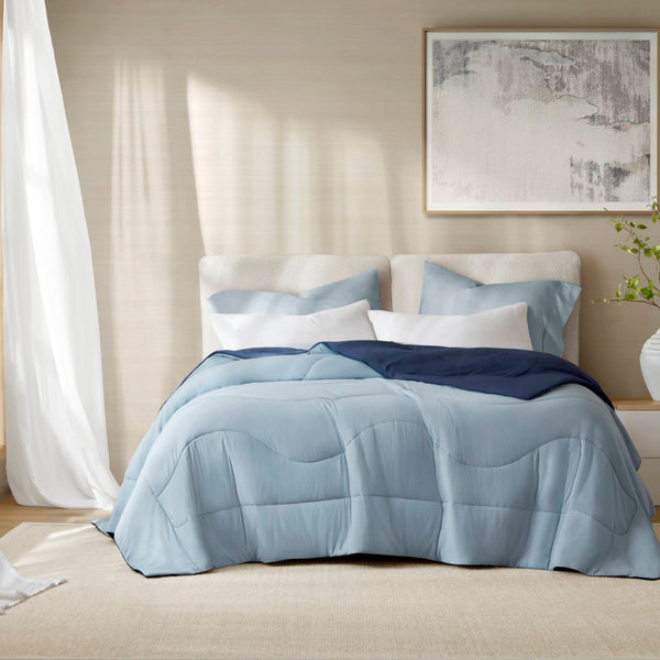 English Elm 1-piece Reversible Tencel Fill Comforter with Sculptural Weave for Full Queen Beds Blue B035P408281