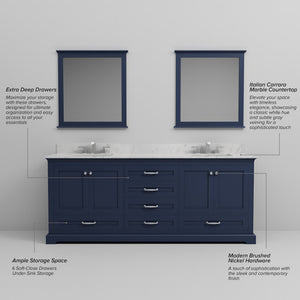 English Elm Navy Double Bath Vanity 80" W x 22" D with Carrara Marble Top, Chrome Faucet, Soft-Close Storage B2731P258408