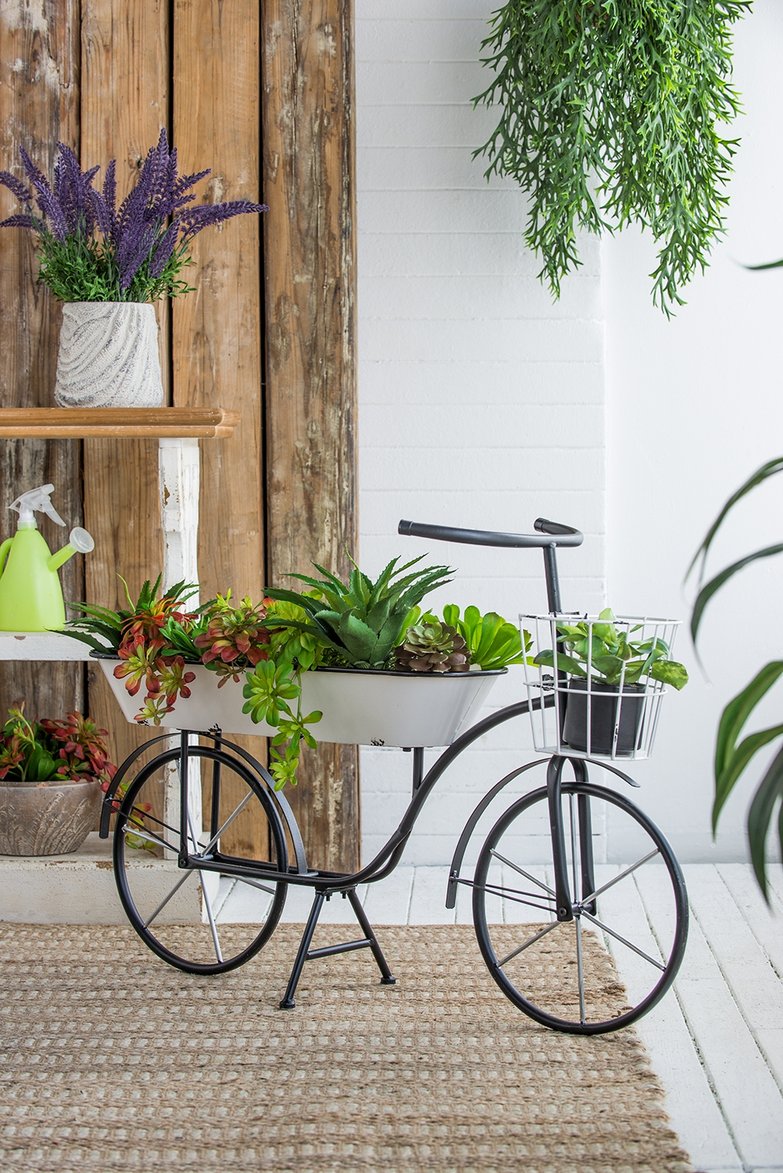 English Elm 38.5x14.5x25.5" Bicycle Plant Stand Black & White Rustic Shabby Chic Planter with Tub and Basket, Ideal Patio Decor W2078P322018