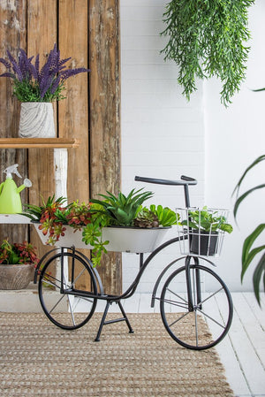 English Elm 38.5x14.5x25.5" Bicycle Plant Stand Black & White Rustic Shabby Chic Planter with Tub and Basket, Ideal Patio Decor W2078P322018