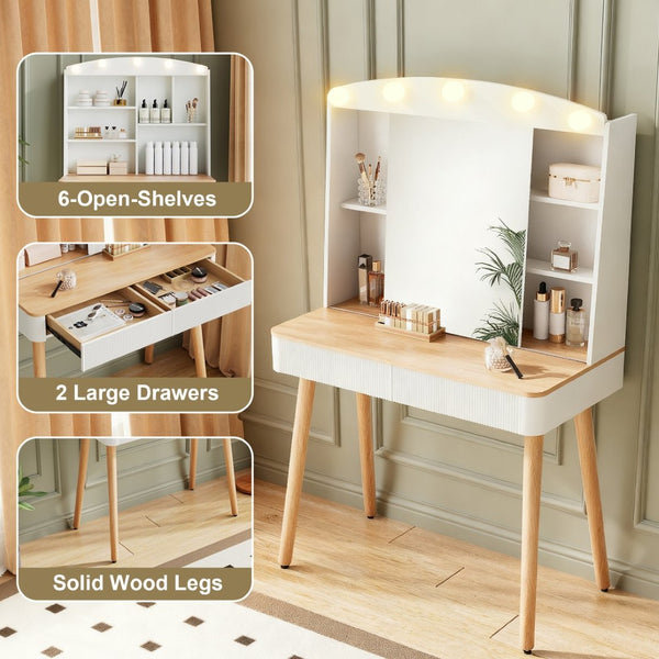 English Elm Small Vanity Desk With Sliding Mirror & Led Lights, Compact Makeup Table With Ample Storage Solutions W3767P360383-GIGA