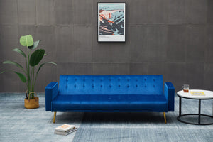 English Elm SOFA Velvet Convertible Sofa Bed with Golden Legs, Solid Wood Frame, Compact Design for Small Spaces Dark Blue B205P246427