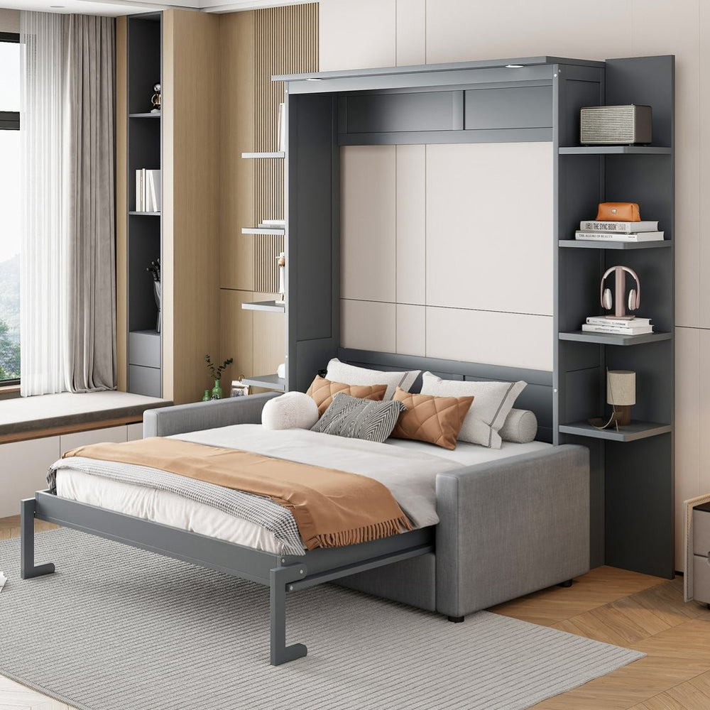 English Elm Queen Murphy Bed with Integrated Sofa Space Saving Fold Down Cabinet for Studio Living Gray LP000591AAE-1