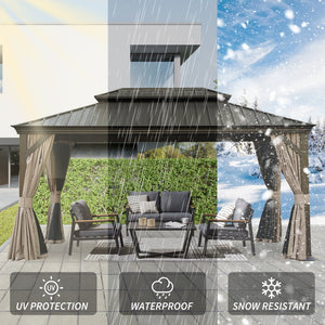 English Elm 12' X 16' Hardtop Gazebo With Enhanced Drainage, Dual-Layer Steel Roof, Privacy Curtains & Netting W1859S00142