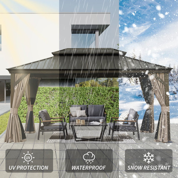 English Elm 12' X 16' Hardtop Gazebo With Enhanced Drainage, Dual-Layer Steel Roof, Privacy Curtains & Netting W1859S00142