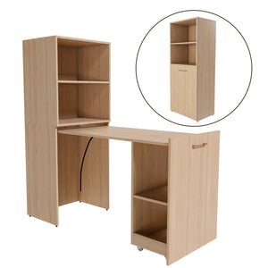 English Elm Stretchable expandable office desk with magnetic fold, lockable casters, adjustable shelves for storage and space-saving Natural Wood W509P355681