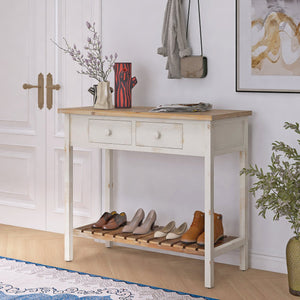 English Elm Vintage Two-Drawer Console Table Antique Natural Distressed Finish with Shelf, Sturdy Entryway Storage W2295P366795