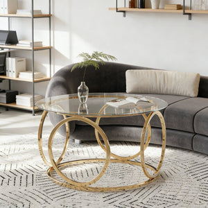 English Elm 31.50'' Round Chrome Ring Glass Coffee Table Two Tier Smoked Tempered Top Modern Living Room W757P412798