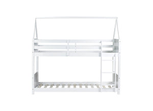 English Elm Twin House-Style Twin Bunk Bed With Safety Guardrails, Ladder & Play Space – White Rubberwood Design W504P227972-GIGA