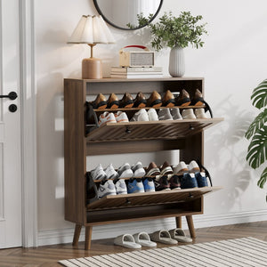 English Elm Medieval-style Walnut Tilt-out Shoe Cabinet Vertical Groove Entryway Storage Unit W1706P465293