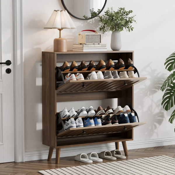 English Elm Medieval-style Walnut Tilt-out Shoe Cabinet Vertical Groove Entryway Storage Unit W1706P465293
