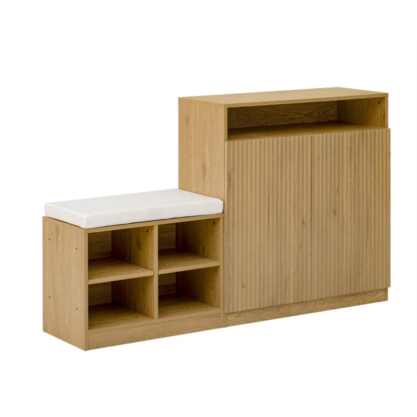 English Elm U_style Entryway Console Set with Wavy Doors Cushioned Bench and Adjustable Shoe Storage N711P345166O