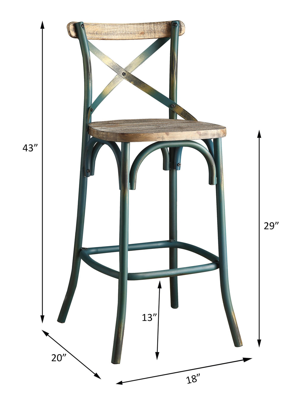 English Elm Zaire Vintage Industrial Armless Bar Chair with Antique Oak Wood Seat & Turquoise Metal X Back, 29" B2726P338126