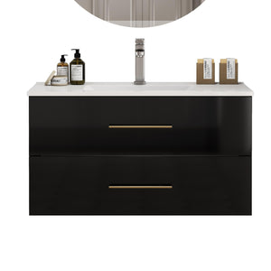 English Elm 36-Inch Modern Wall-Mounted Bathroom Vanity With Gold Handle & Integrated Sink For Stylish Storage W3151S00056