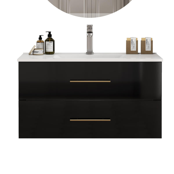 English Elm 36-Inch Modern Wall-Mounted Bathroom Vanity With Gold Handle & Integrated Sink For Stylish Storage W3151S00056