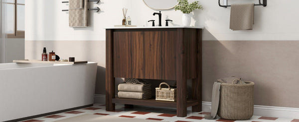 English Elm Christopher Knight Home® - 36" Modern Wall-Mounted Bathroom Vanity with Ceramic Sink, Soft-Close Doors, Fluted Accent & Open Shelves Antique brown N817P245321B