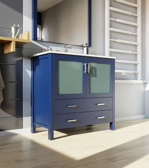 English Elm Navy Blue Bath Vanity Set With White Ceramic Top, Soft-Close Storage & Matching 34" Mirror Included B2731S00727