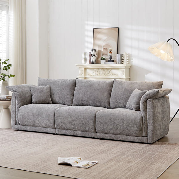 English Elm 98.5" 3-seater sofa with upholstered armrests and plush cushions, modern linen sofa with high weight capacity Grey W1193S00143