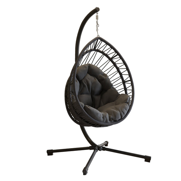 English Elm Outdoor Egg-shaped Hanging Chair with Stand - Cozy Cushioned Swing, Sturdy 350 lb Frame, Indoor/Patio Use Black+ Gray W2500P309742