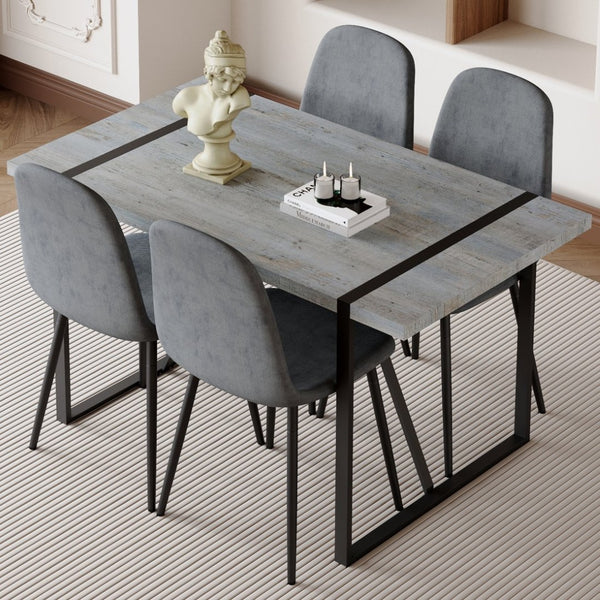 English Elm Table Set: Minimalist Retro Dining Table With Textured Top & 4 Soft Chairs, Black Metal Legs W1151S03836-GIGA
