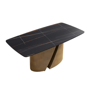 English Elm 70.86" Modern Sintered Stone Dining Table With Curved Black Top & Bronze Iron Legs For 6-8 People W1535S00362