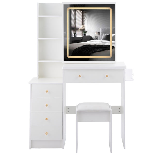 English Elm 37" Stylish Vanity Table Set With Cushioned Stool, Led Mirror, Usb Ports & Hair Dryer Stand - Perfect For Modern Bedrooms! W936P224319