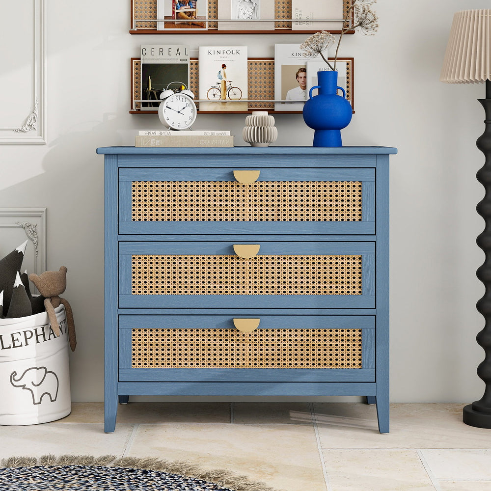 English Elm 3 Drawer Cabinet Blue Rattan Accent Storage Chest with Semi-Circle Handles, 100lb Capacity, MDF Design W688121899