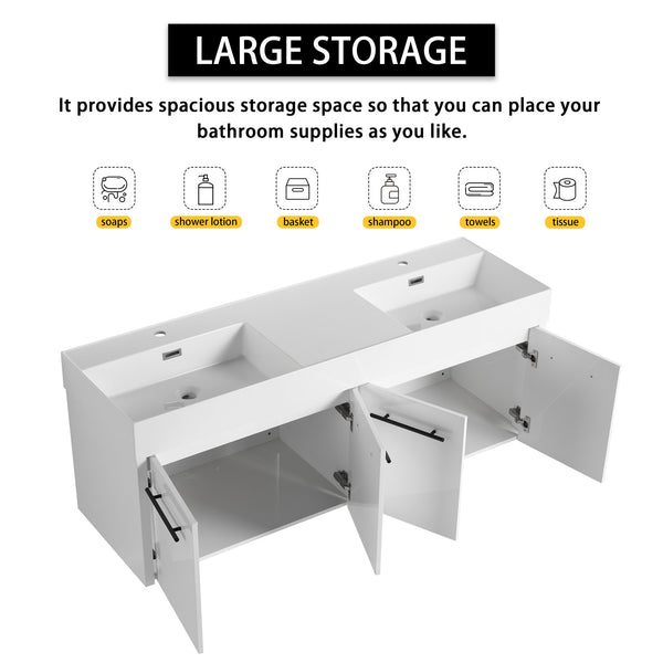 English Elm 60 Inch Wall-Mounted Bathroom Vanity With Double Resin Sink, Modern Design For Space-Saving Style W999S00252