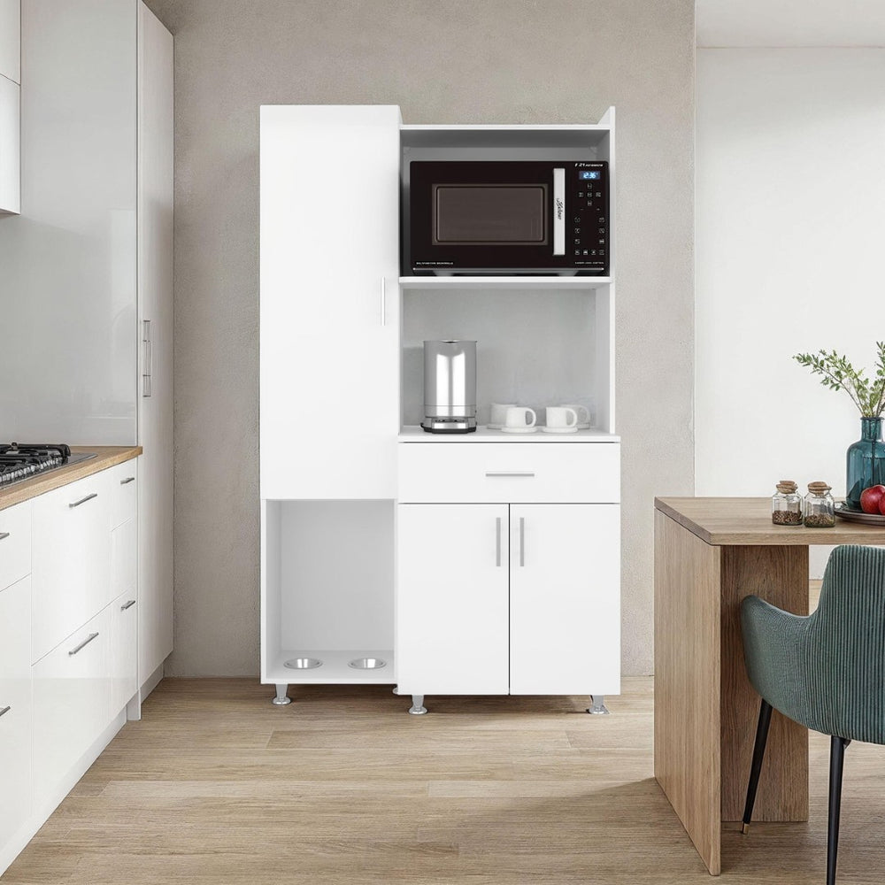 English Elm White Three Door Kitchen Storage Cabinet with Microwave Shelf Drawer and Pantry Space B062P483740