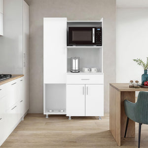 English Elm White Three Door Kitchen Storage Cabinet with Microwave Shelf Drawer and Pantry Space B062P483740