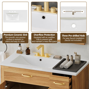 English Elm 36" Wood Bathroom Vanity with Solid Frame, Gold Handles, 3 Soft-Close Drawers & 2 Doors, Spacious Countertop N729P204176N