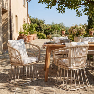 English Elm Outdoor Wicker Dining Chair with Fan Back Teak Finish Steel Frame and Cushion Included N770P385227B