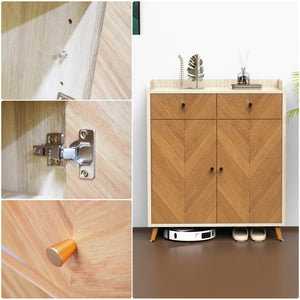 English Elm Shoe Cabinet 4-Tier with 2 Drawers and Doors, Herringbone MDF Top, Adjustable Shelves for Entryway Oak W3383P361253