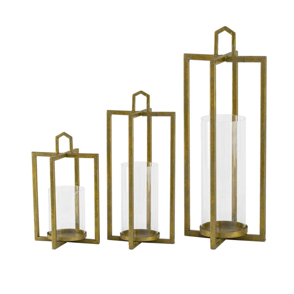 English Elm Set of 3 Graduated Iron Lanterns with Rustic Gold Finish for Glam Interiors W2078P481351