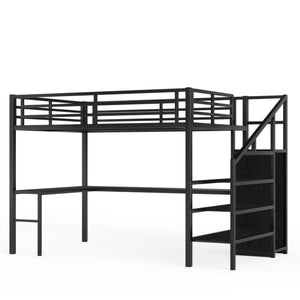 English Elm Twin Xl Metal Loft Bed with Stair Storage Shelves Sturdy Steel Frame for Dorms W1580S00063