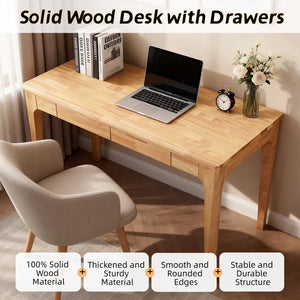 English Elm Solid Wood Mid-century Writing Desk with Two Drawers for Home Office or Bedroom W3204P445617